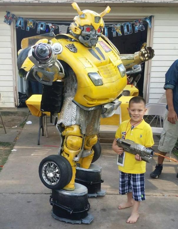 Bumblebee ( from the transformers) has multiple lights, plasma ball, and is 7 feet tall for super hero birthday party costumed character in Houston, texas.