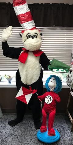 Hire our Hat cat available with Thing and eggsalent props. When you need a mascot costumed character for your child's birthday party in Houston call us.
