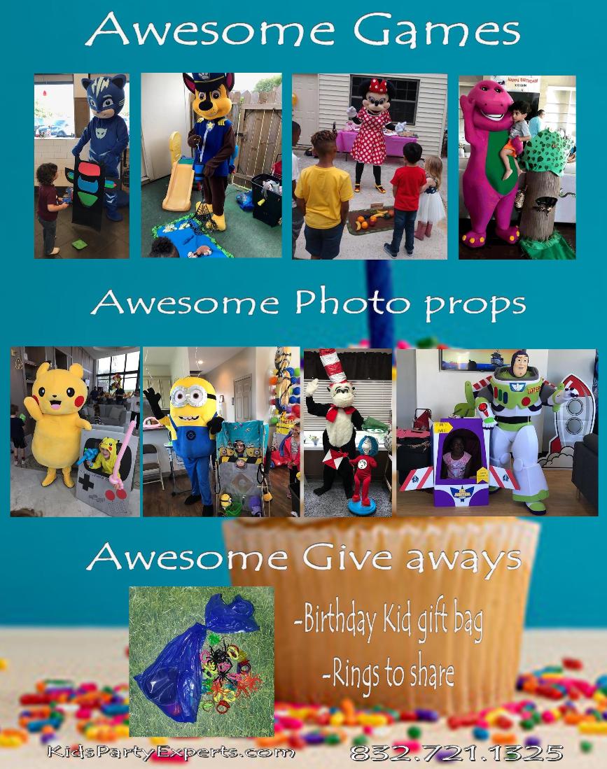 Hire the best Houston mascot party characters for your children's birthay celebrations with great costumes, great theme games, & cool photo props