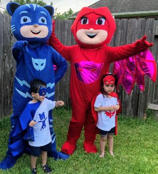 Party characters for kids in Houston for birthday parties with these 2 mascot heroes.