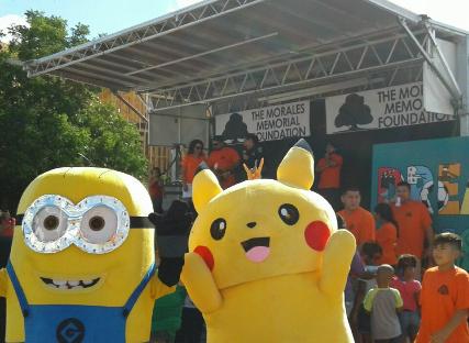 Minion and Pikachu mascots party near downtown Houston, Texas.