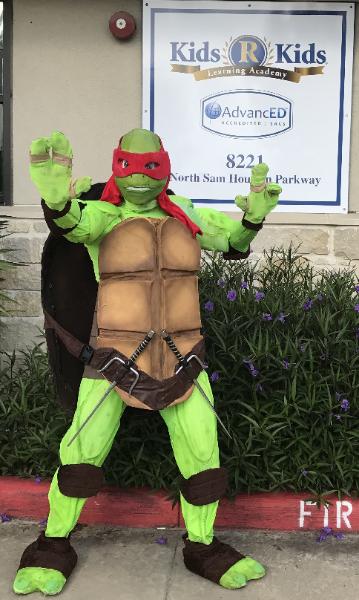 Our turtles look real with custom made shells, moving mouths, and awesome superhero props in Houston.